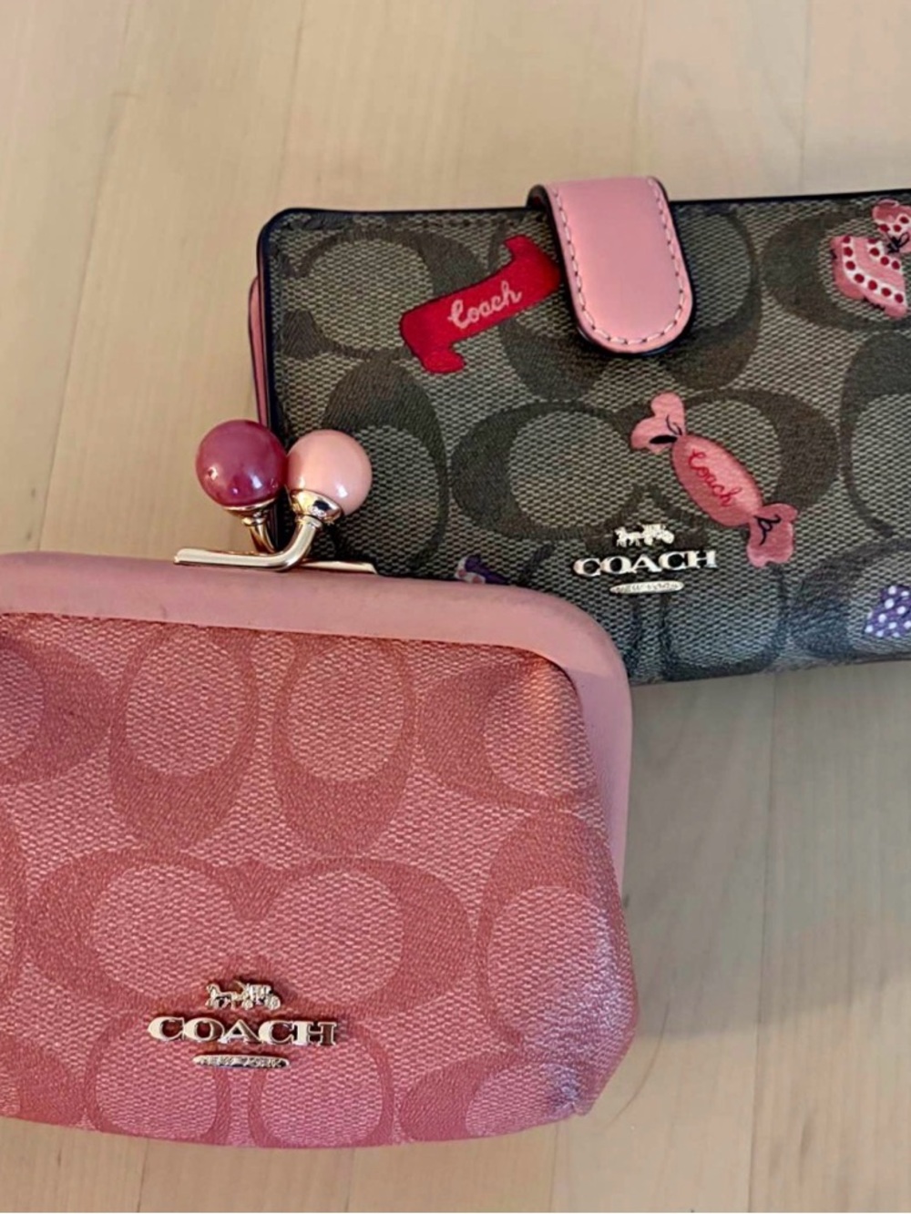 BOTH- Coach Pink Signature Coin Purse and Gray Logo Wallet with Pink Accents